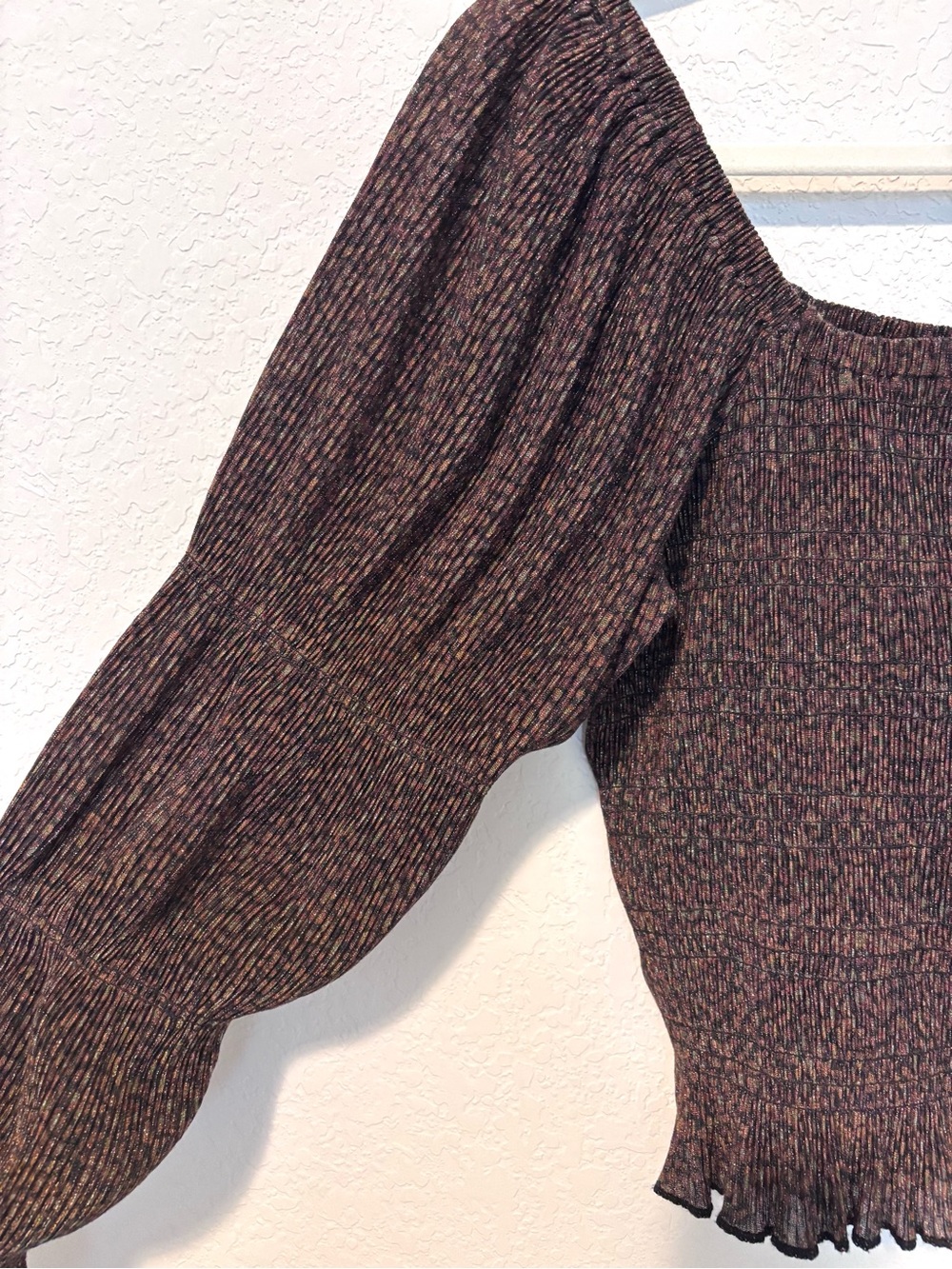 Anthropologie Brown Shimmer Smocked Puff Sleeve Top Women’s Medium Whimsigoth - Picture 3 of 10